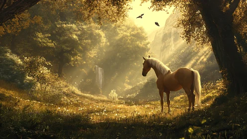 Golden horse stands in sunlit forest glade at dawn