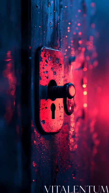 Lock cylinder glows under neon rain-soaked bokeh light.