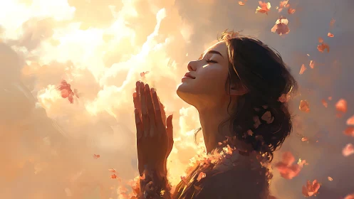 Woman with closed eyes in warm clouds and falling petals.