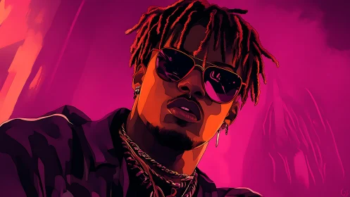 Neon magenta portrait with reflective shades and dreadlocks.