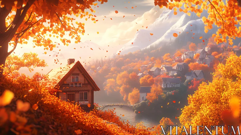 Cozy lakeside village wrapped in glowing autumn light.