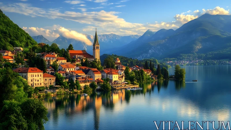 Sunlit lakeside village with church spire mirrored in calm water