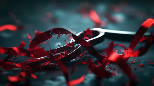 Scissors Cutting Red Ribbon in Dramatic Close-Up Photorealistic Style.