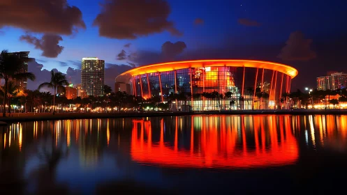 Glowing waterfront arena wrapped in warm sunset reflections.