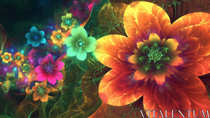 Vibrant fractal blossoms glow across dark cosmic background