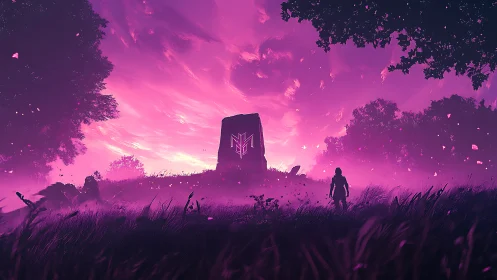 Neon magenta monolith glows above silhouetted explorer in misty field