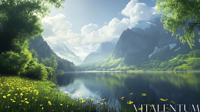 Sunlit mountain lake wrapped in wildflowers and gentle green.