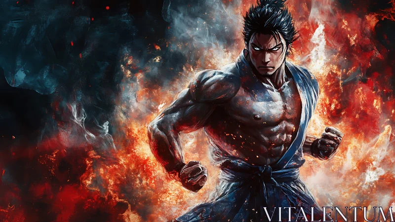 Fiery martial artist stands against swirling inferno backdrop.