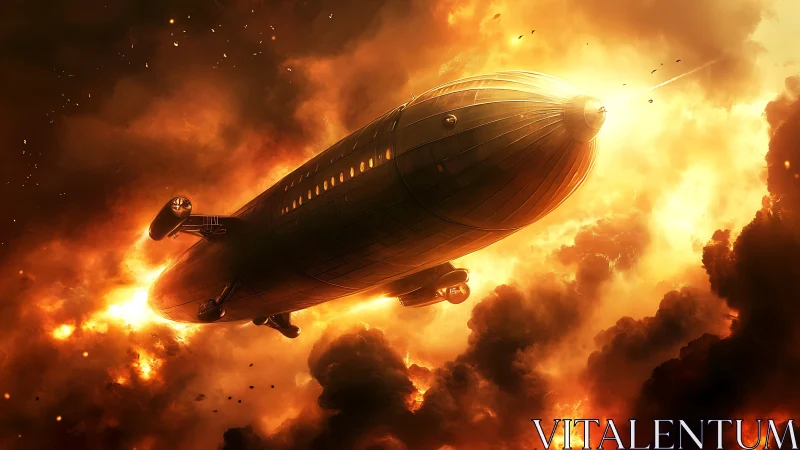 Futuristic armored airship penetrates high-intensity firestorm sky