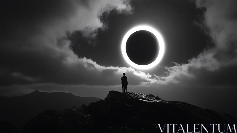 Silhouetted figure observing luminous ringed eclipse.