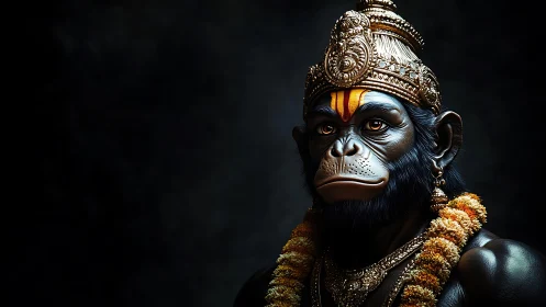 Divine simian monarch gazes outward in solemn, jeweled calm