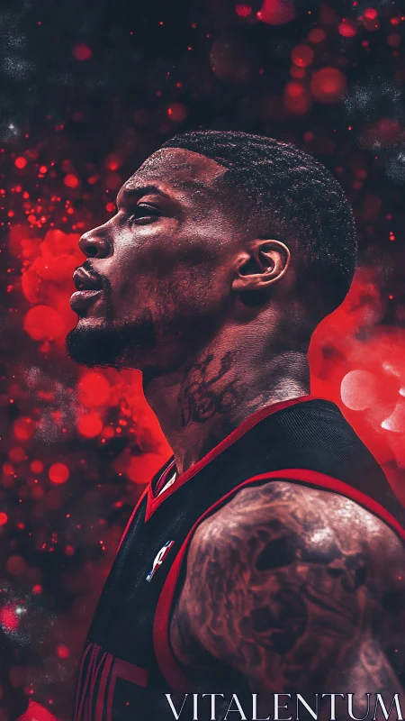 Basketball player profile with red abstract bokeh background.