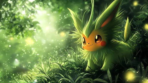 Soft forest creature smiles among glowing green fireflies