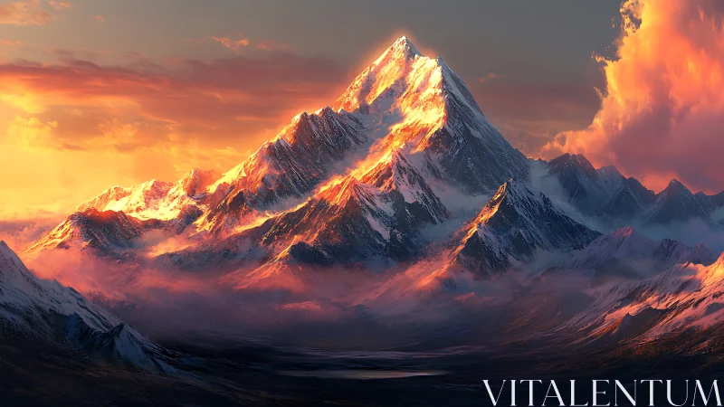 Sunlit snow peaks rise above misty valley in vivid dusk light