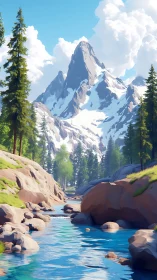 Sunlit alpine river beneath stylized snowcapped peak.