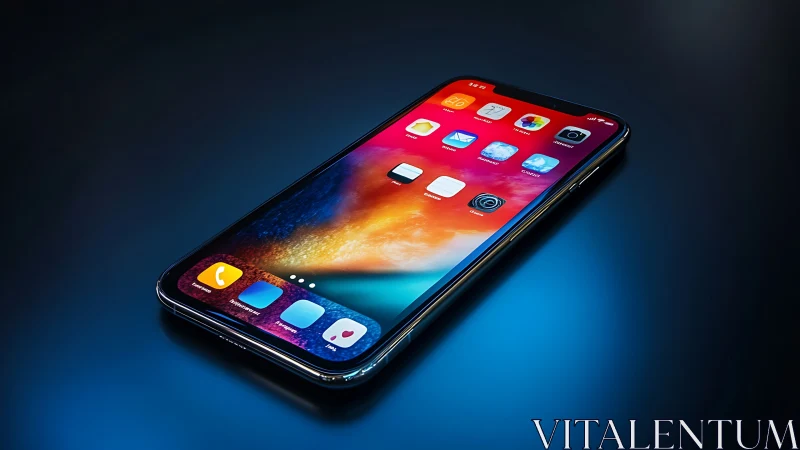 Smartphone displayed at angle on blue surface with gradient wallpaper
