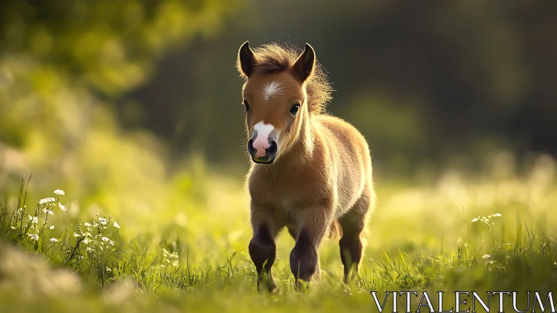 Tiny foal exploring a sunny meadow with gentle curiosity.