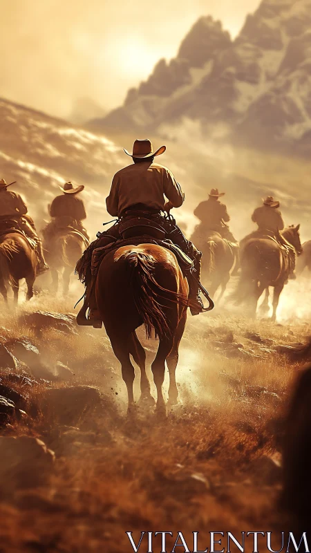 Rear-perspective cowboy convoy in atmospheric dust field.