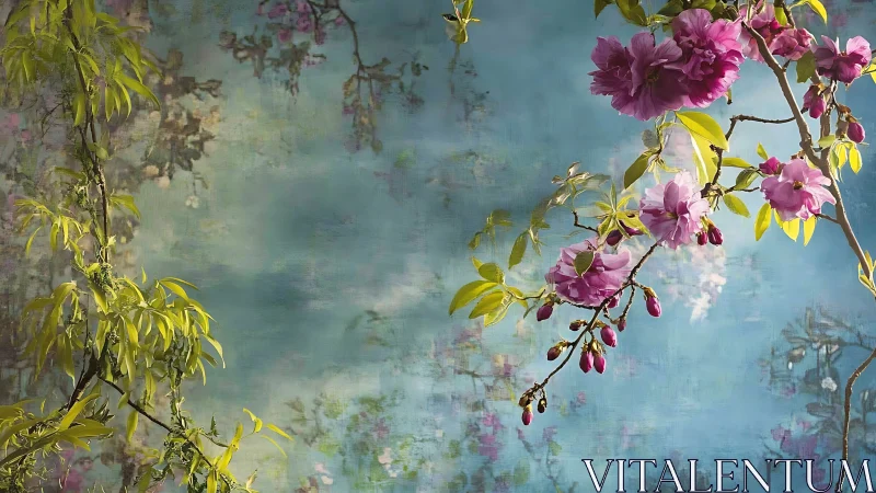 Magenta Blossoms Against Weathered Turquoise Surface.