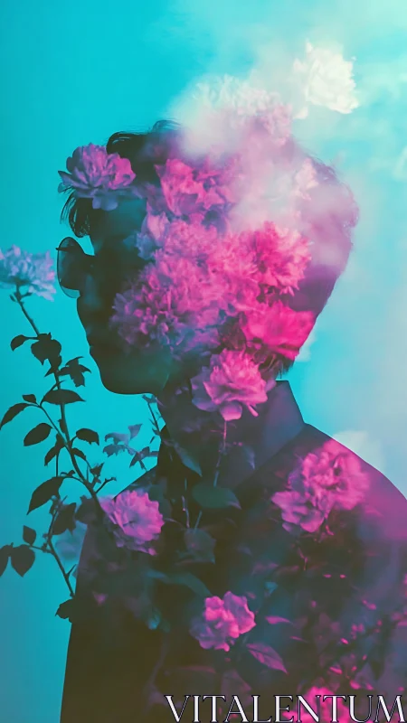 Silhouetted portrait with magenta floral double exposure glow.