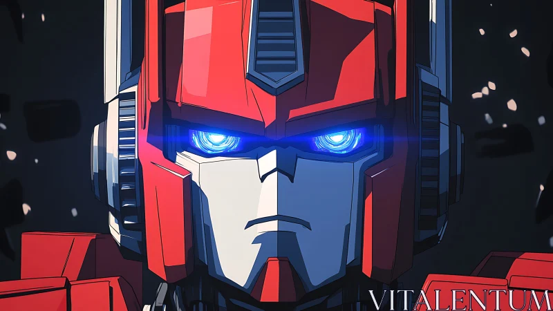 Red robotic face stares forward with bright blue glowing eyes