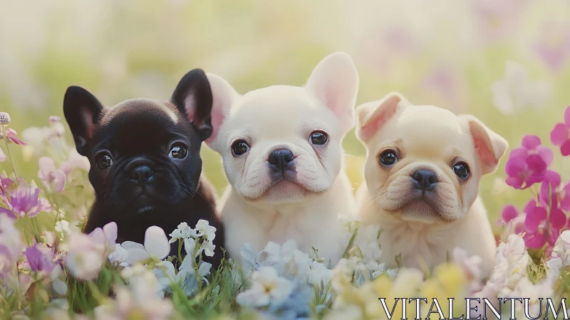 Tri-color French bulldog puppies in shallow floral depth-of-field