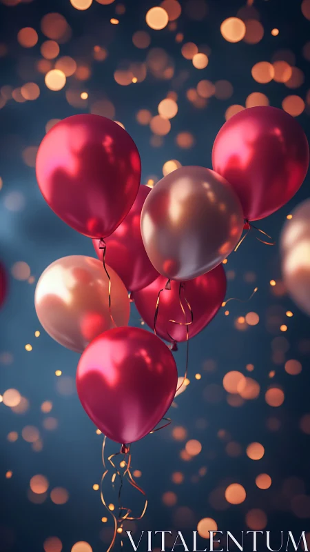 Cluster of red and rose gold metallic balloons floating against bokeh backdrop.
