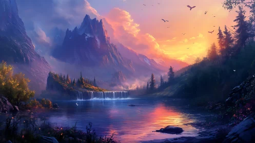 Sunset waterfalls beneath violet mountains and quiet sky.
