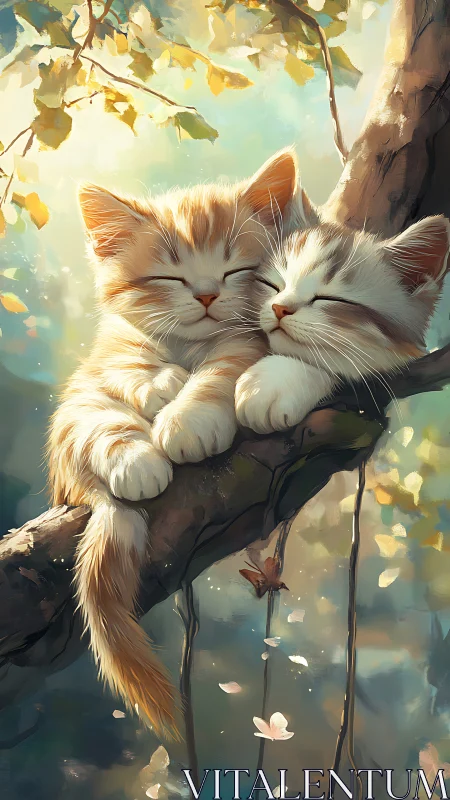 Two Kittens Resting on Branch with Luminous Autumn Foliage