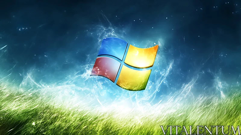 Windows-style logo glows above vibrant digital grass field.