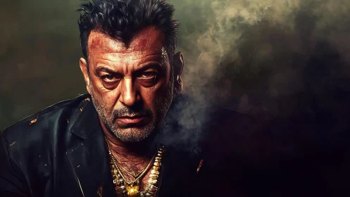 Middle-aged male portrait in smoke with dark clothing.