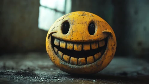 Grinning ruin-smile sphere in a moody, abandoned corner.