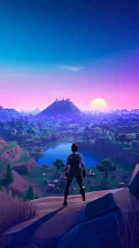 Lone gamer surveys neon valley as a stylized sunset glows