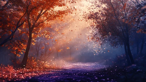Luminous Autumn Canopy with Cascading Foliage and Atmospheric Light.