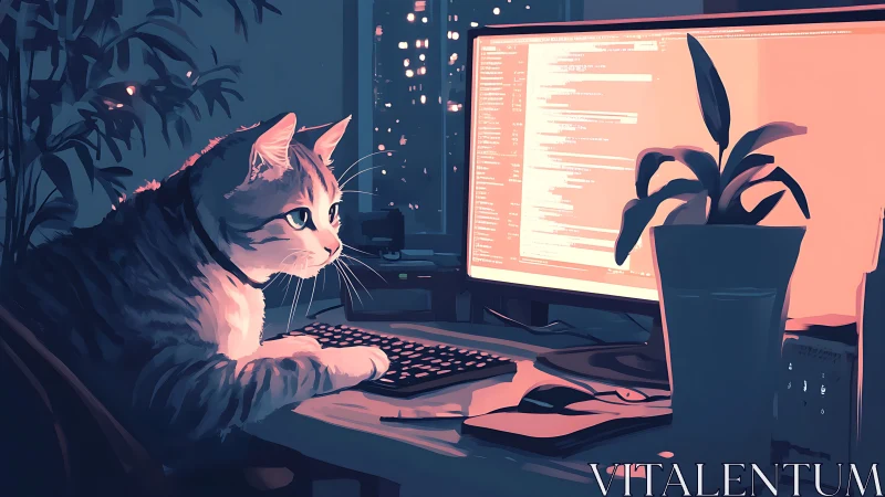 Midnight coder cat quietly debugs the glowing city skyline