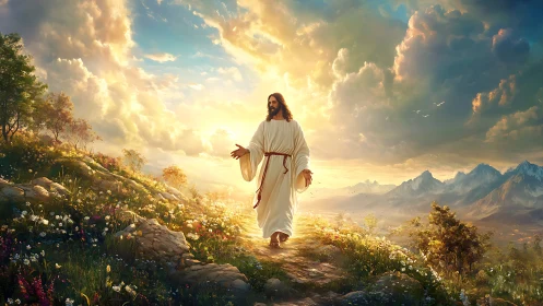 Figure in white robe walks on sunlit mountain path at dawn