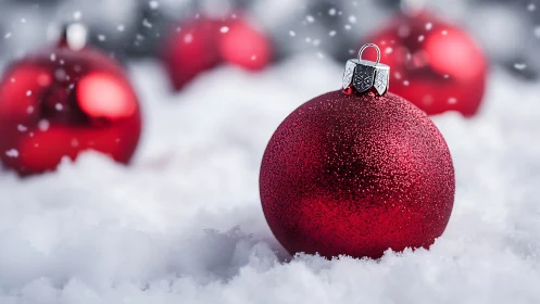 Red Christmas baubles resting on snow in soft focus scene.
