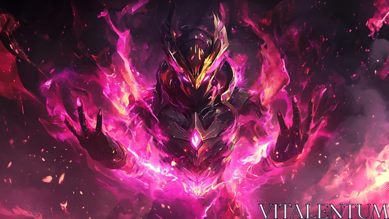 Armored humanoid figure is surrounded by intense magenta flames