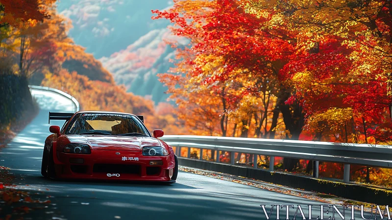Red sports car driving mountain road in peak autumn color.