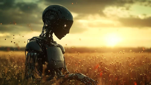 Solitary robot in golden field at glowing sunset horizon.
