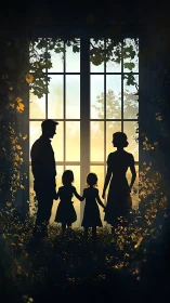 Silhouetted family framed by glowing garden window at dusk.