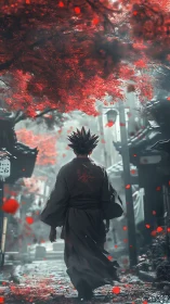 Crimson leaves crown a lone wanderer in misty alley reverie