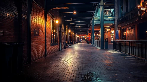 Moody brick alley glows under warm industrial night lights