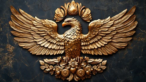 Gilded heraldic eagle bas relief with baroque floral insignia.