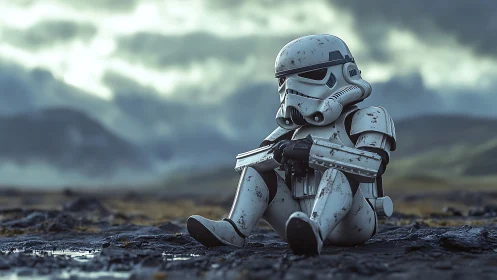 Quiet stormtrooper rest on a rainy, rugged alien plain.
