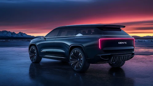 Futuristic electric SUV glides across reflective icy landscape.