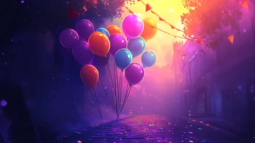 Volumetric light rendering with chromatic balloon cluster in atmospheric urban corridor