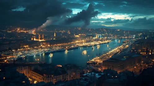 Cinematic aerial panorama captures illuminated harbor at dusk