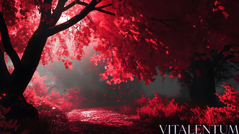 Crimson Forest Path Through Glowing Red Foliage.