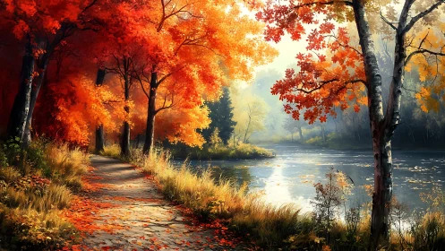 Digital painting of autumn riverside path with luminous foliage.